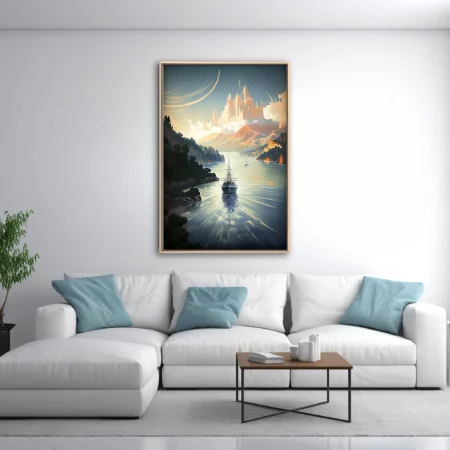 Fantasy concept-art ship sailing toward towering spires, warm cinematic palette