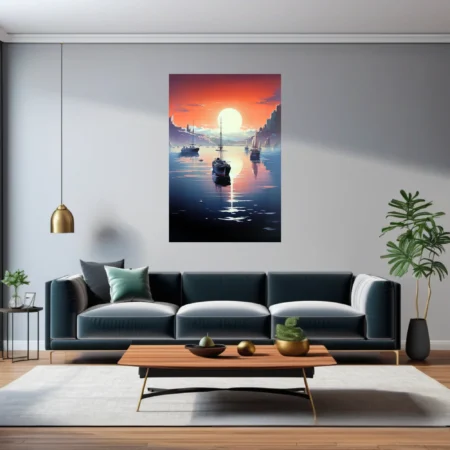 Retro-style harbor scene with ships at sunset, deep blue water and red sky