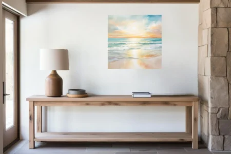Pastel coastal sunrise seascape with aqua waves, peach sky, and soft painterly atmosphere