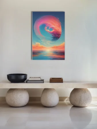 Dreamlike fantasy seascape with swirling coral clouds and sunset reflections