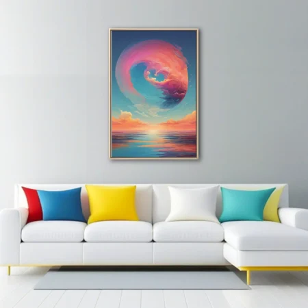 Dreamlike fantasy seascape with swirling coral clouds and sunset reflections
