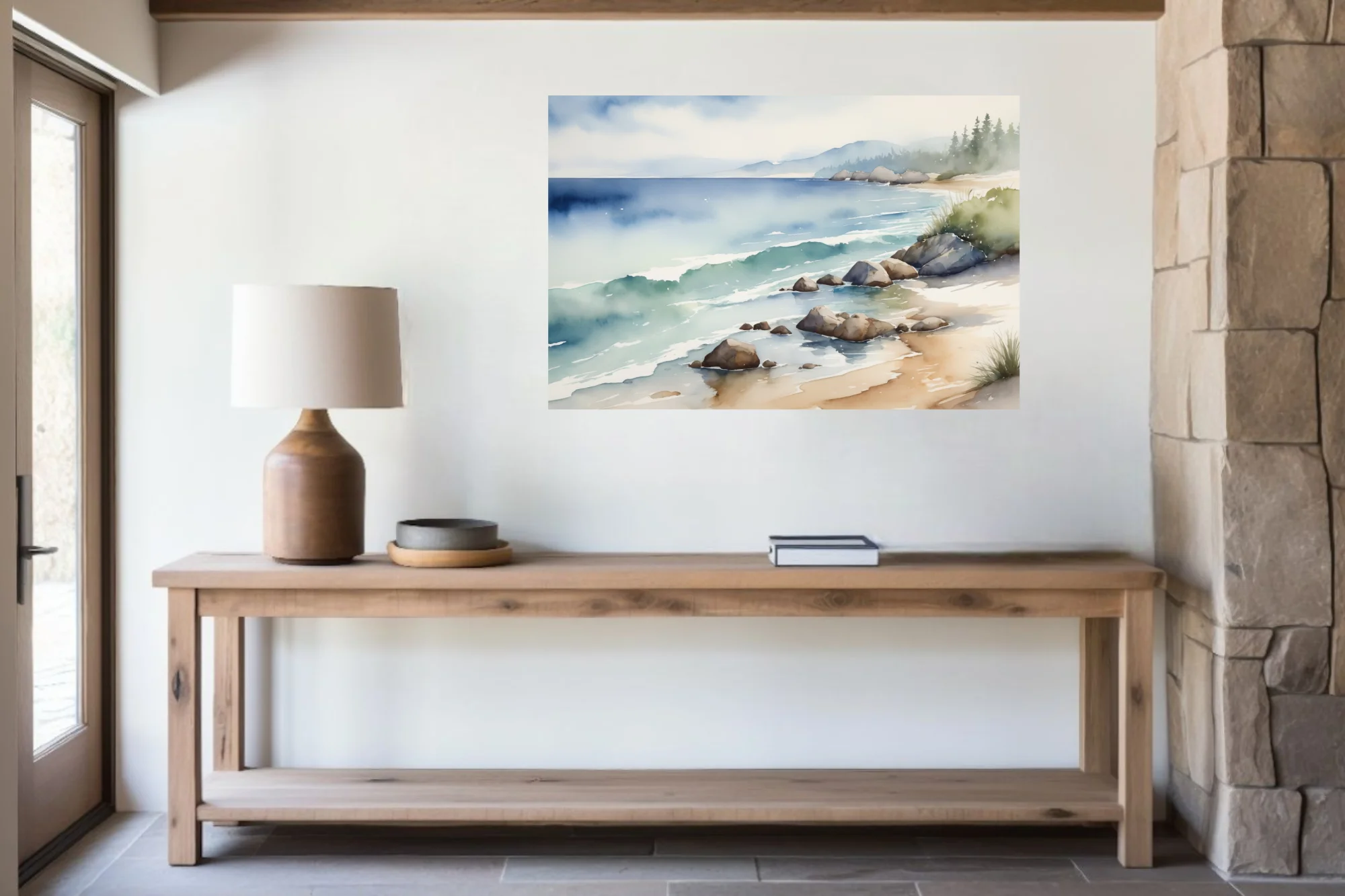 Watercolor-style seascape with rocky shore, teal waves, misty blue mountains