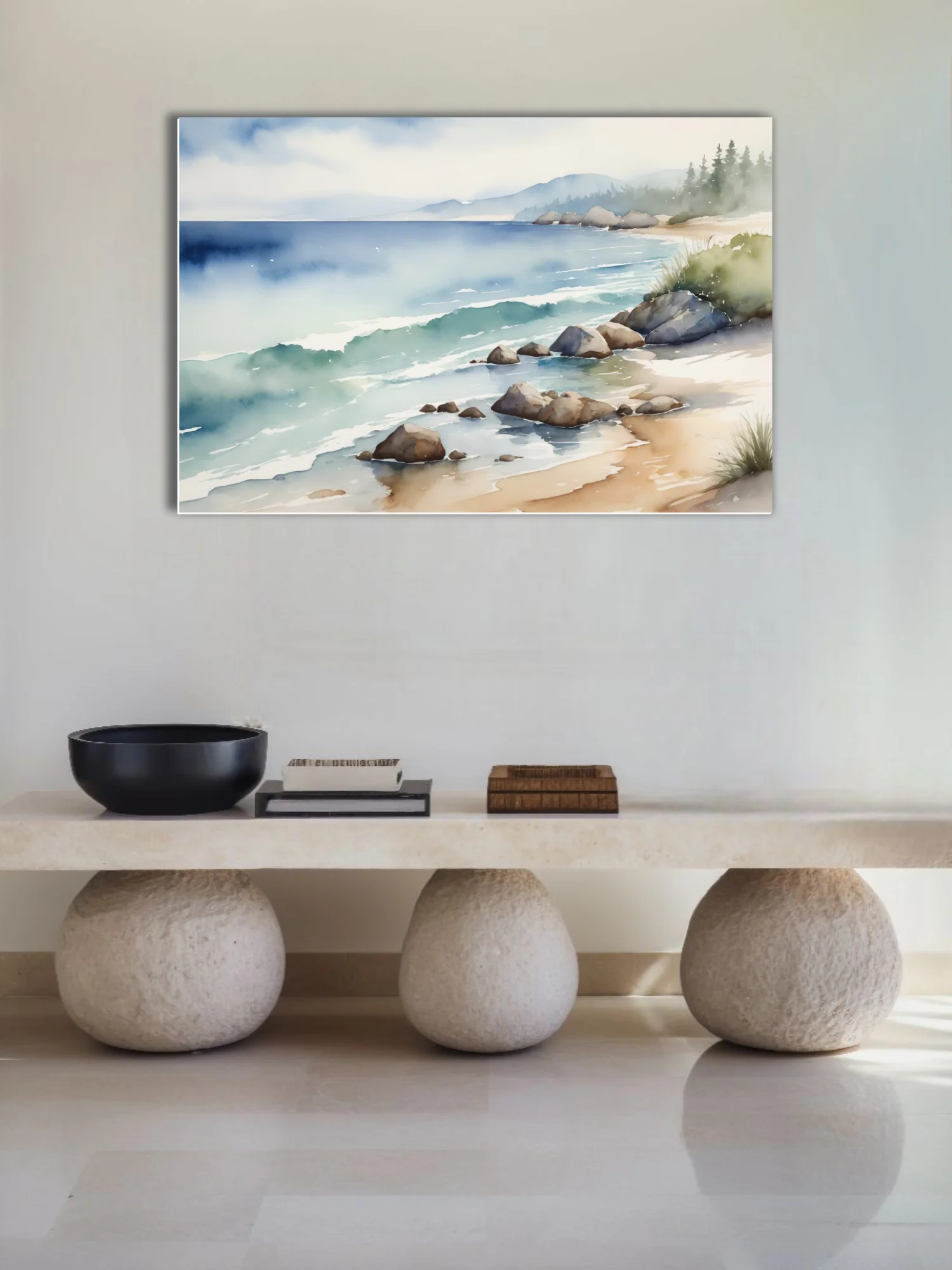 Watercolor-style seascape with rocky shore, teal waves, misty blue mountains