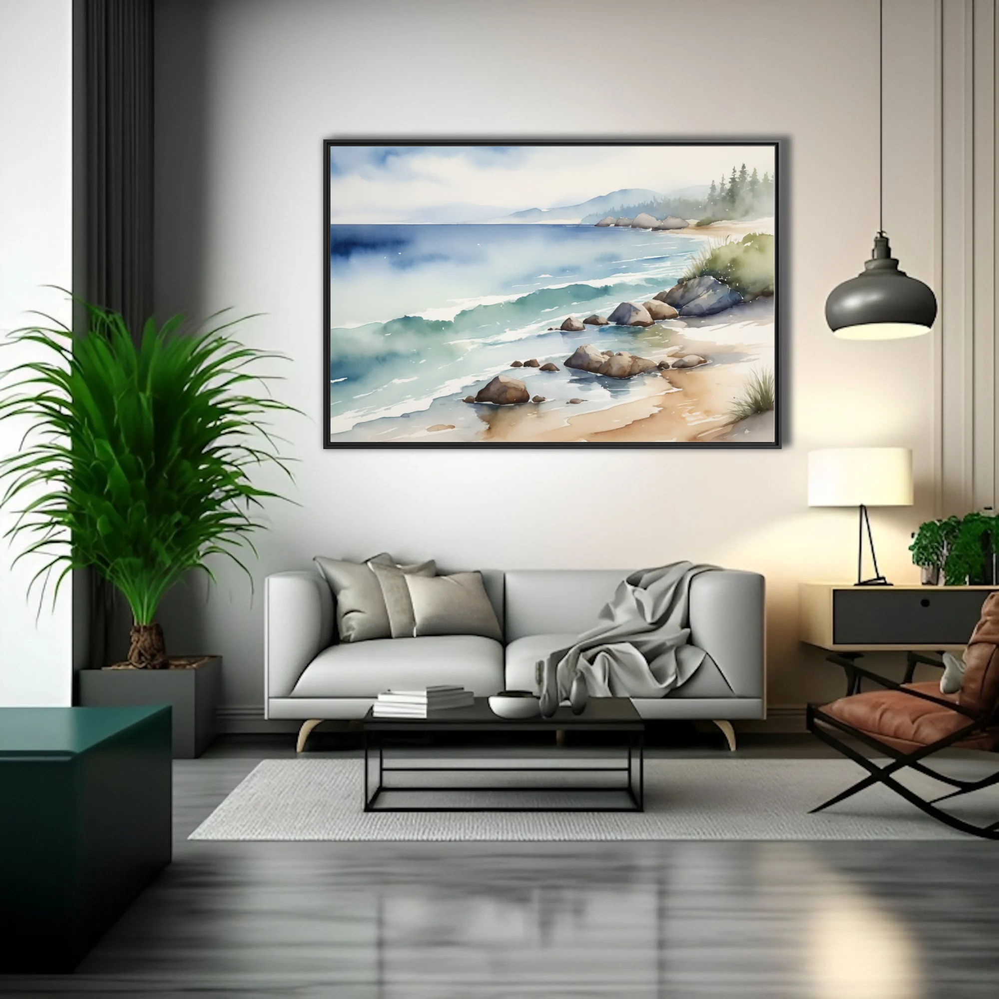 Watercolor-style seascape with rocky shore, teal waves, misty blue mountains