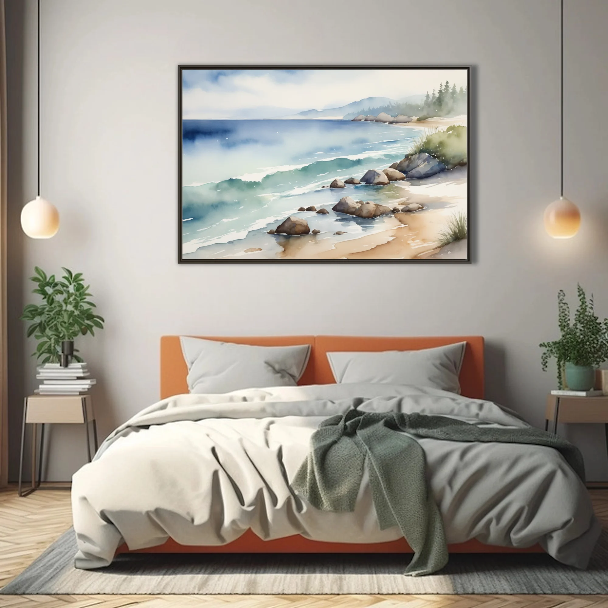 Watercolor-style seascape with rocky shore, teal waves, misty blue mountains