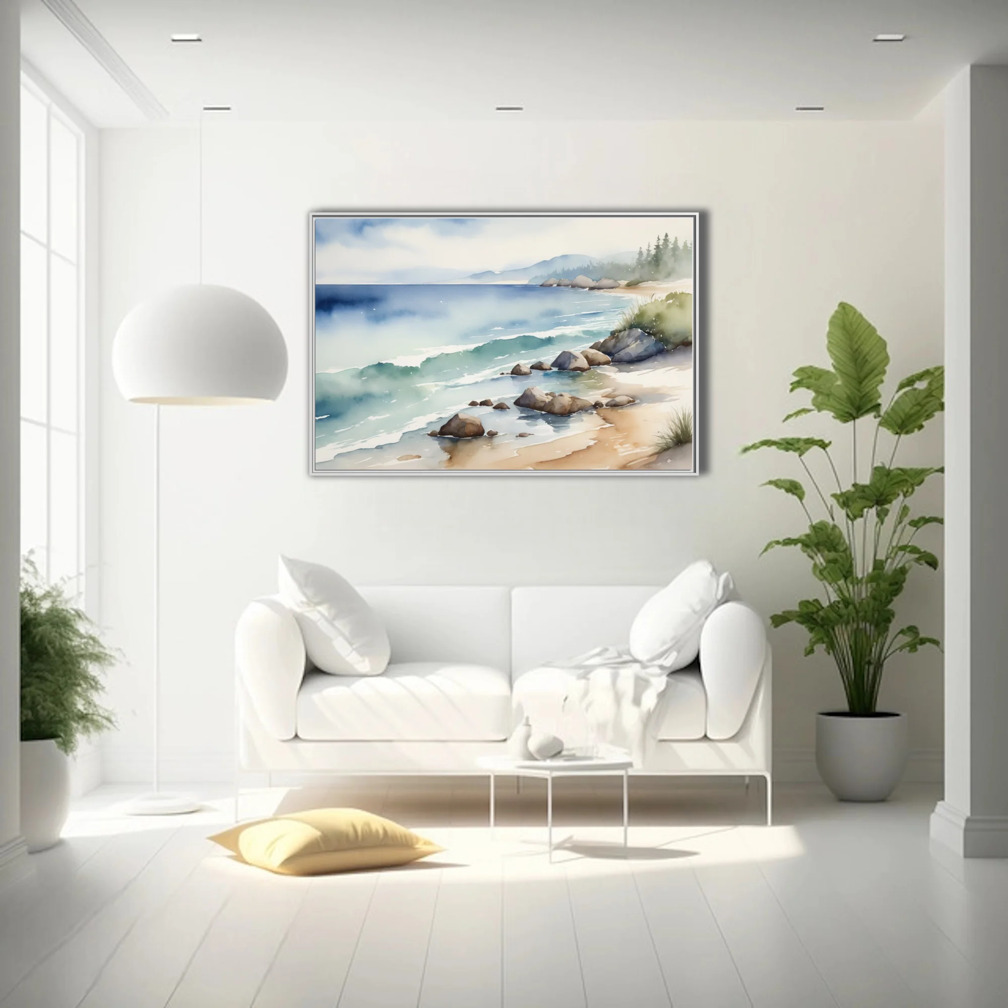 Watercolor-style seascape with rocky shore, teal waves, misty blue mountains