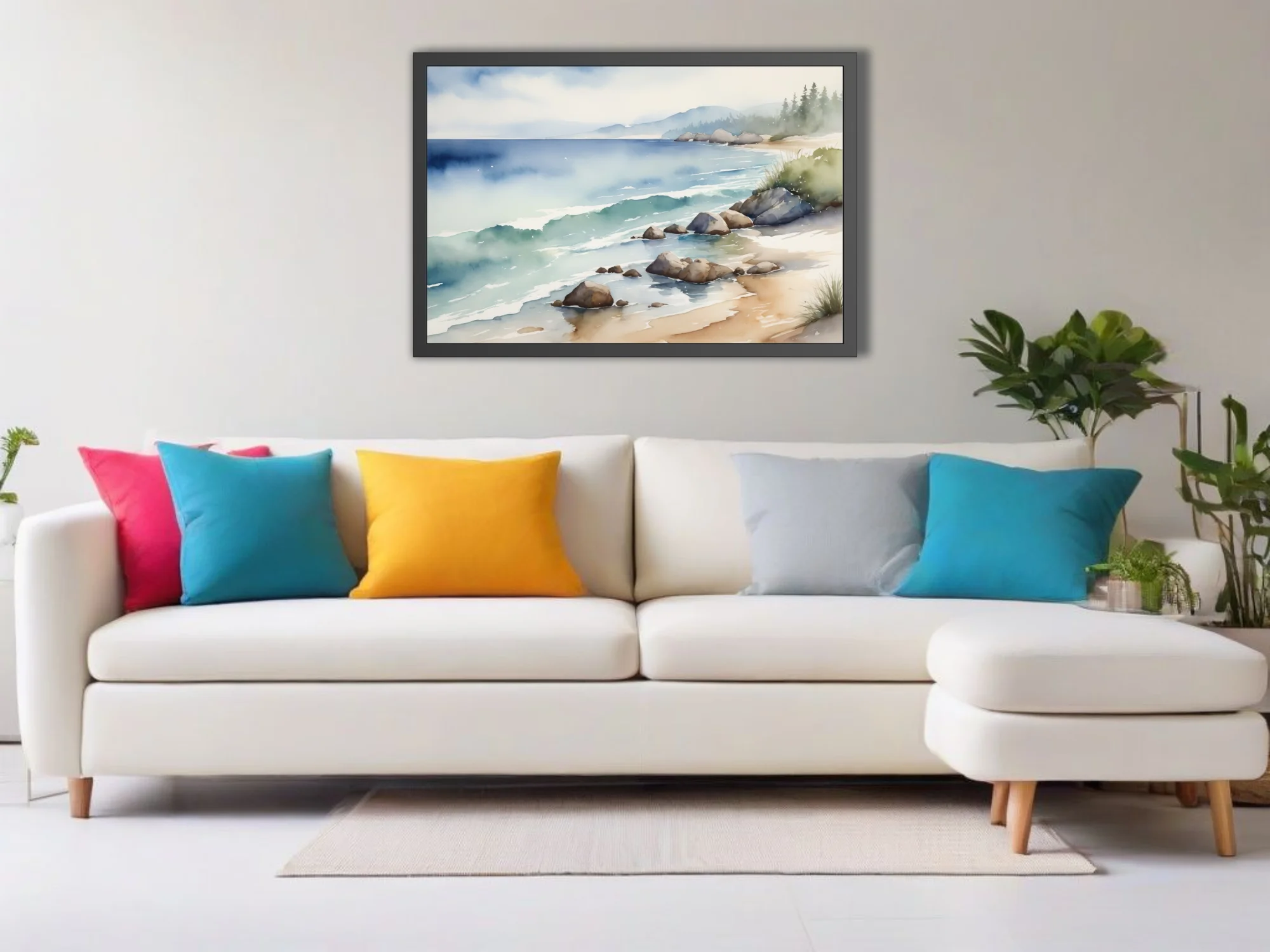Watercolor-style seascape with rocky shore, teal waves, misty blue mountains