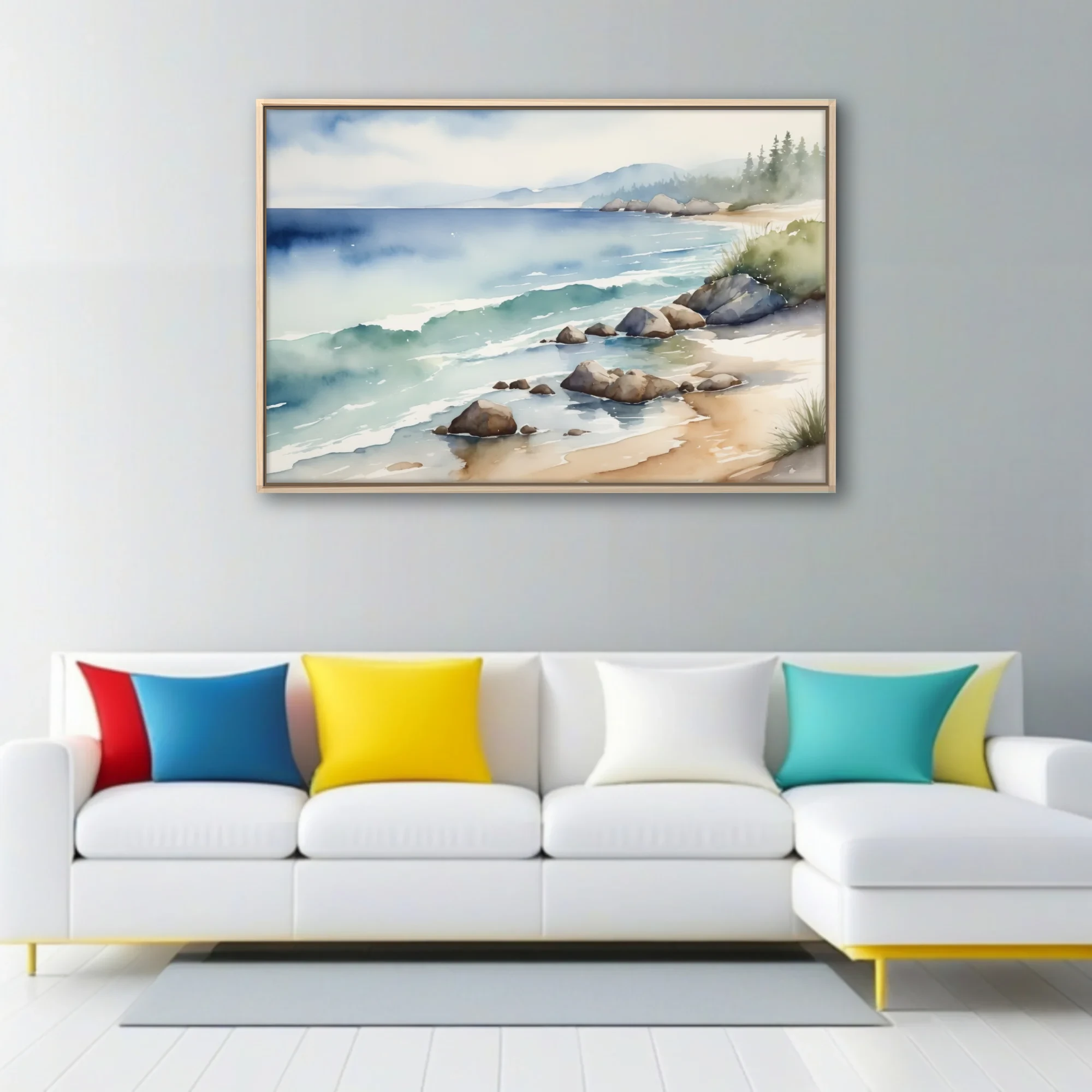 Watercolor-style seascape with rocky shore, teal waves, misty blue mountains