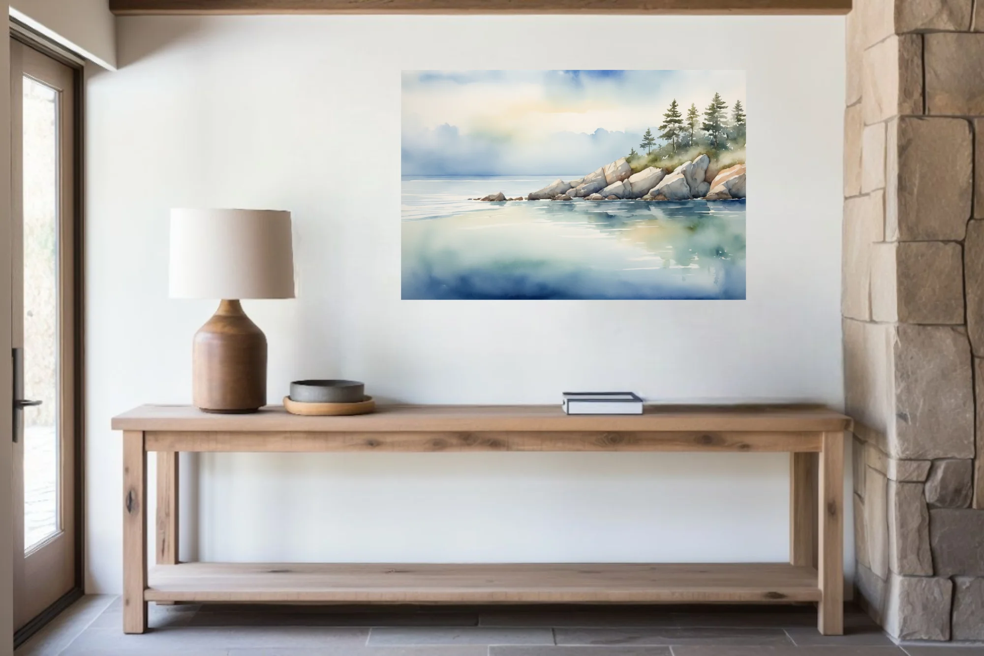 Watercolor-style coastal seascape with rocky shore, pine trees, and calm blue water