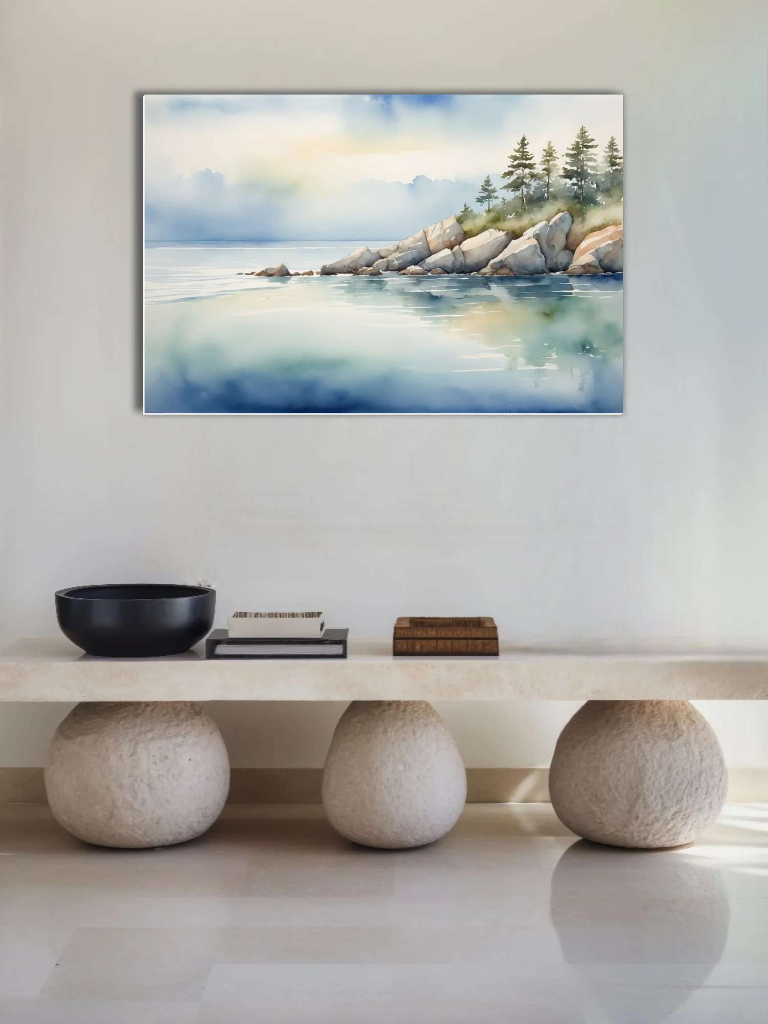 Watercolor-style coastal seascape with rocky shore, pine trees, and calm blue water