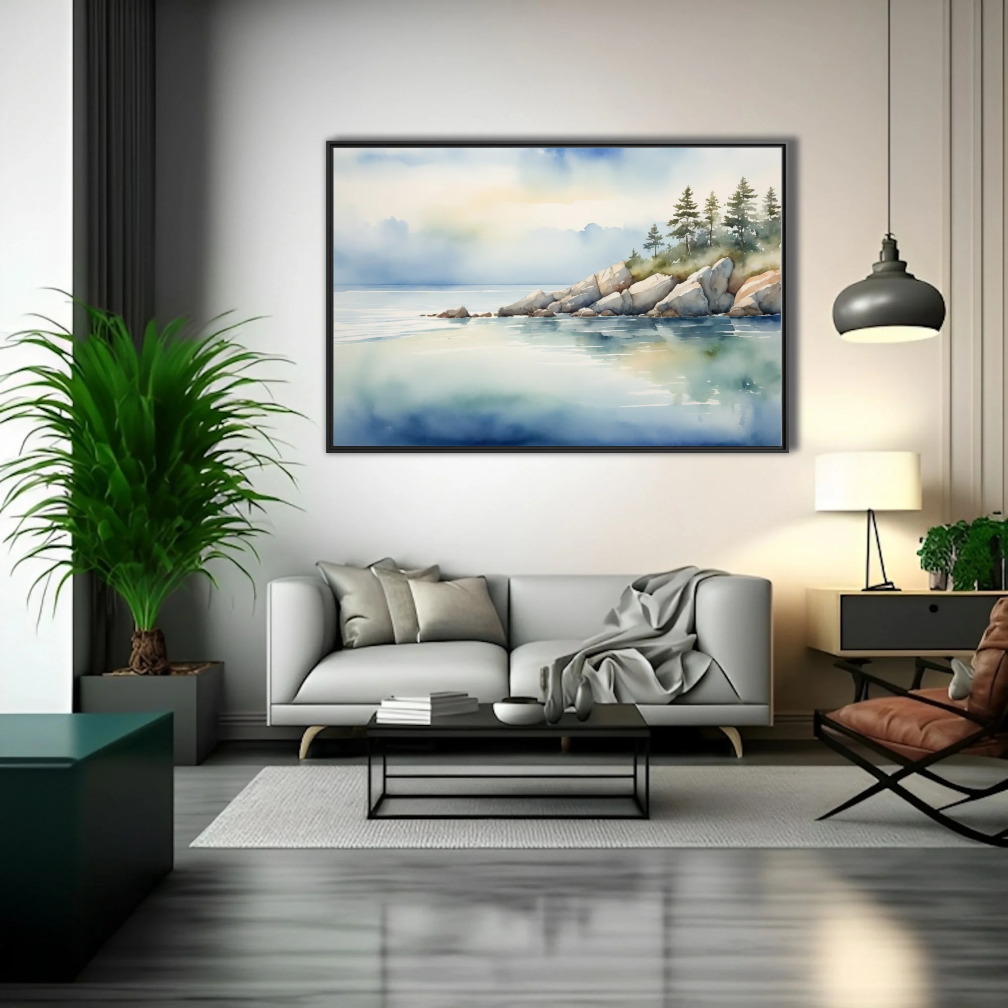 Watercolor-style coastal seascape with rocky shore, pine trees, and calm blue water