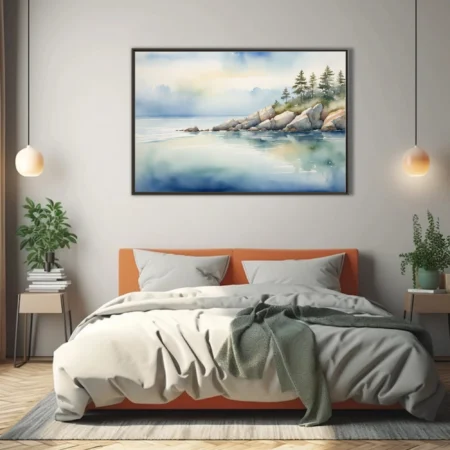 Watercolor-style coastal seascape with rocky shore, pine trees, and calm blue water