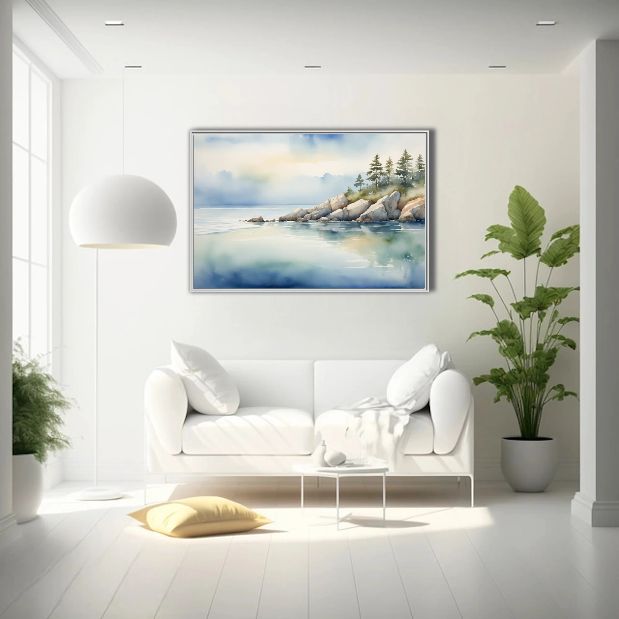 Watercolor-style coastal seascape with rocky shore, pine trees, and calm blue water