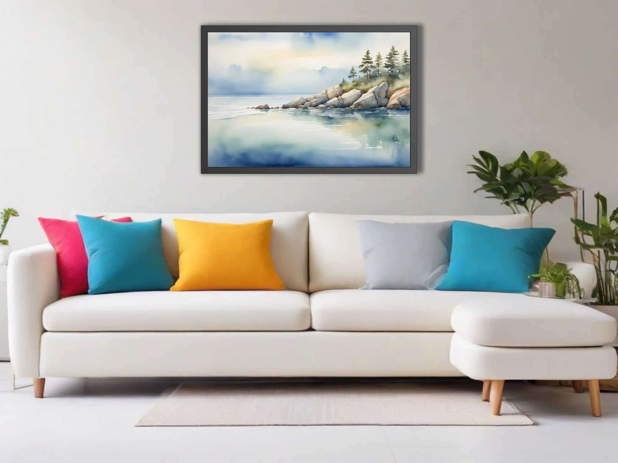 Watercolor-style coastal seascape with rocky shore, pine trees, and calm blue water