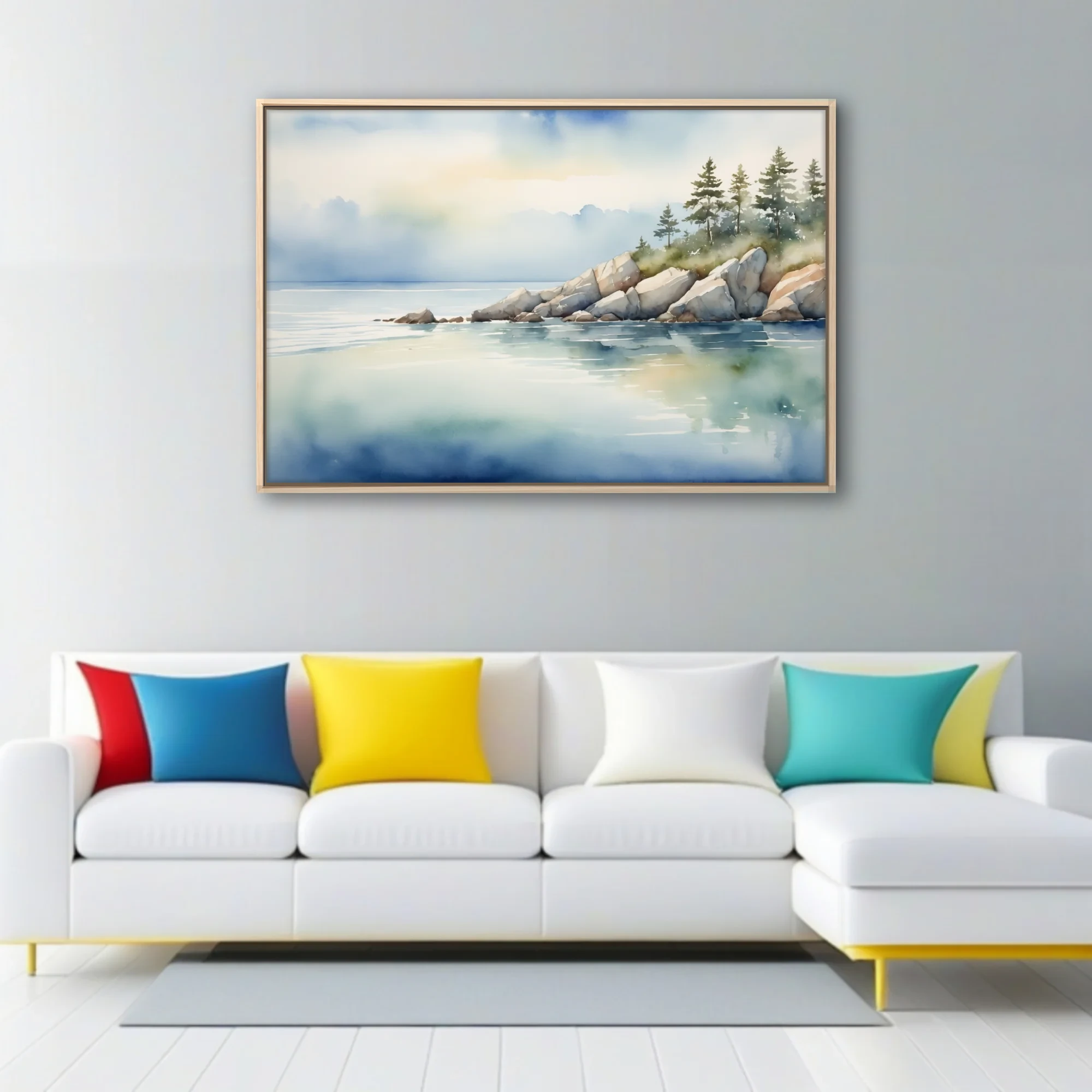 Watercolor-style coastal seascape with rocky shore, pine trees, and calm blue water