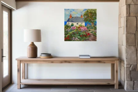Painterly seaside cottage with flower garden, slate roof and blue sea in strokes