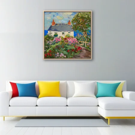 Painterly seaside cottage with flower garden, slate roof and blue sea in strokes