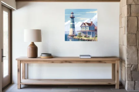 Illustrated seaside lighthouse and coastal cottage in soft teal and warm cream tones