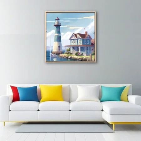 Illustrated seaside lighthouse and coastal cottage in soft teal and warm cream tones