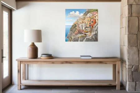 Watercolor-style Italian coastal cliff town, warm pastels and blue sea