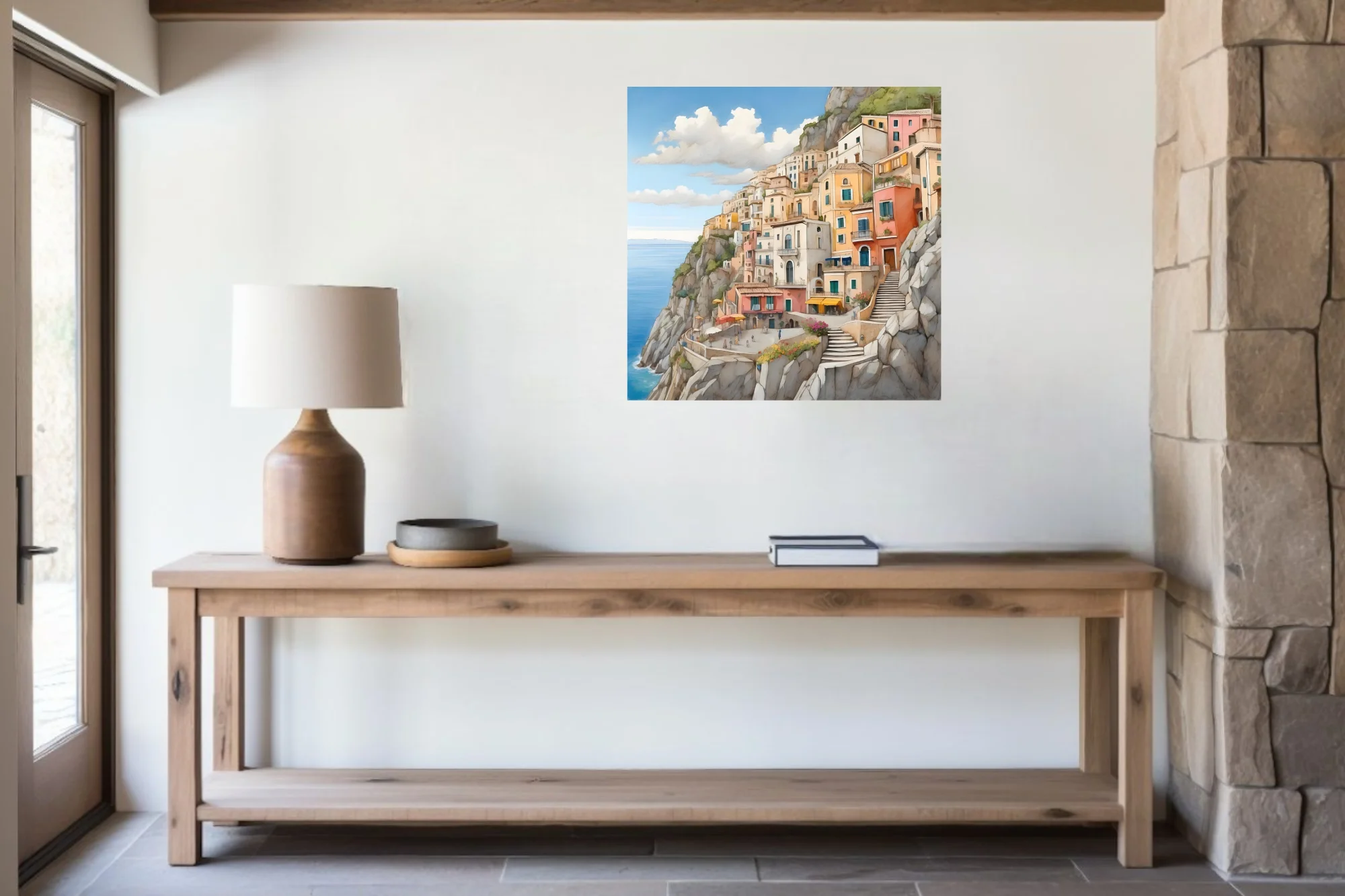 Watercolor-style Italian coastal cliff town, warm pastels and blue sea