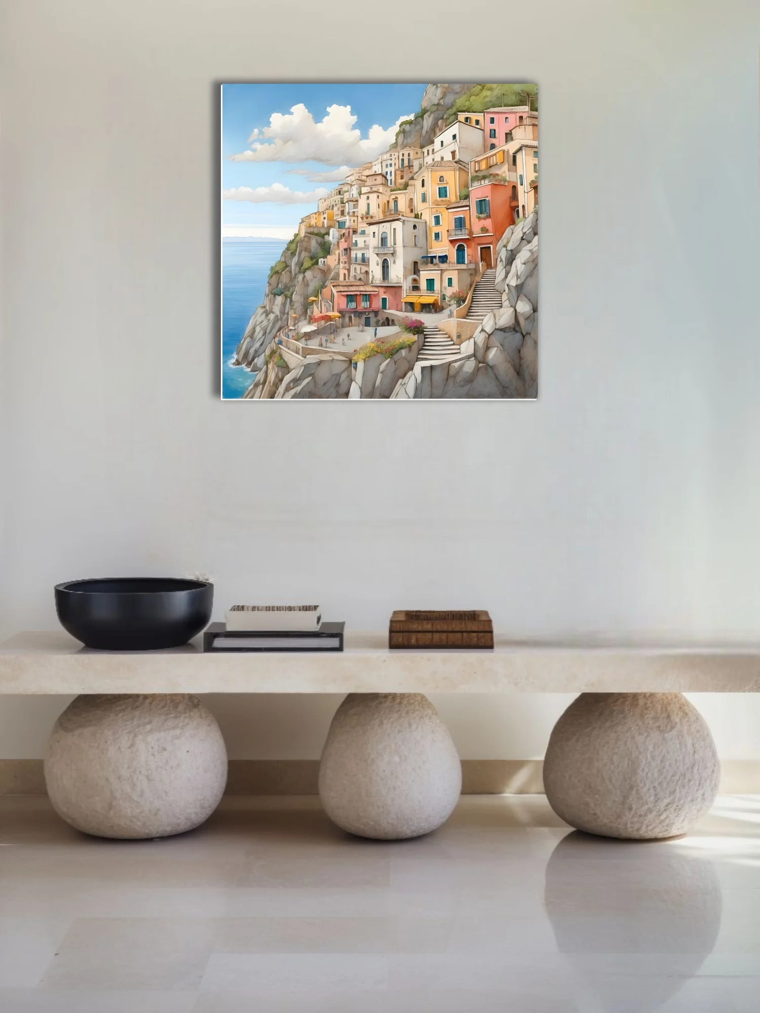 Watercolor-style Italian coastal cliff town, warm pastels and blue sea