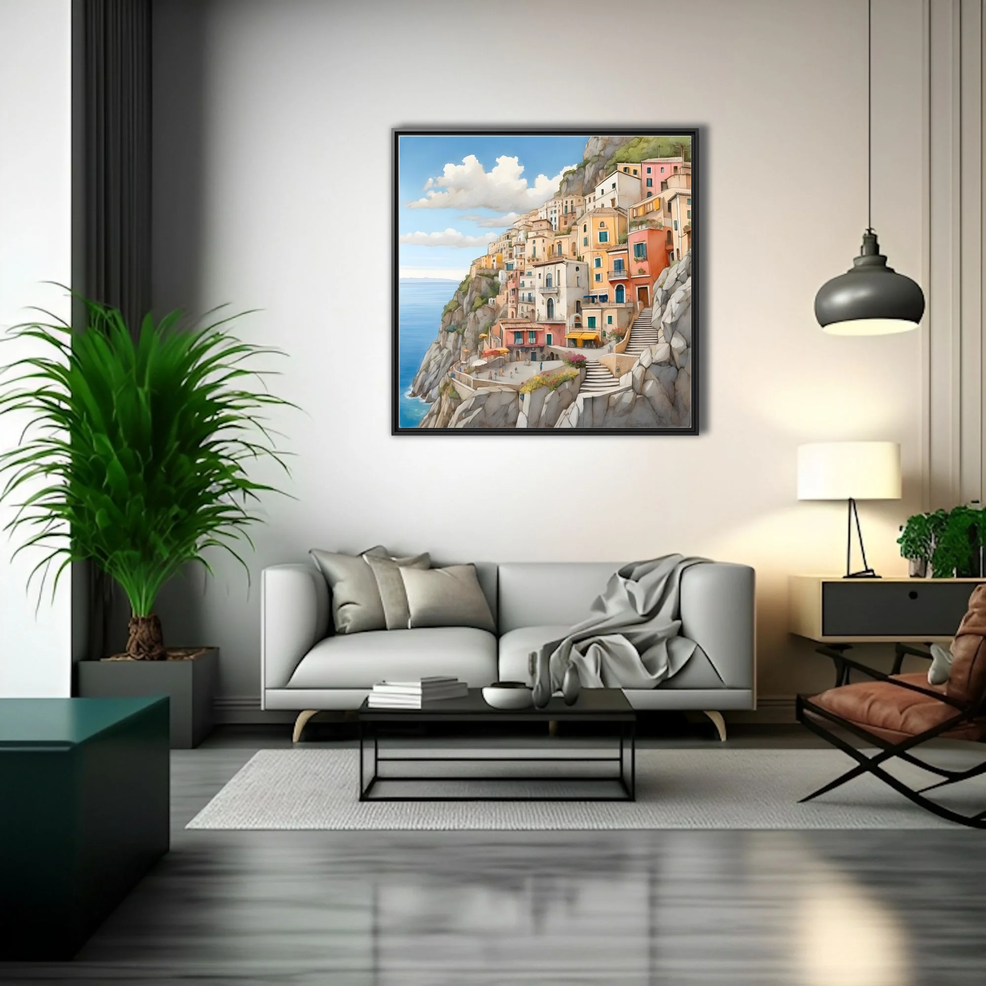 Watercolor-style Italian coastal cliff town, warm pastels and blue sea