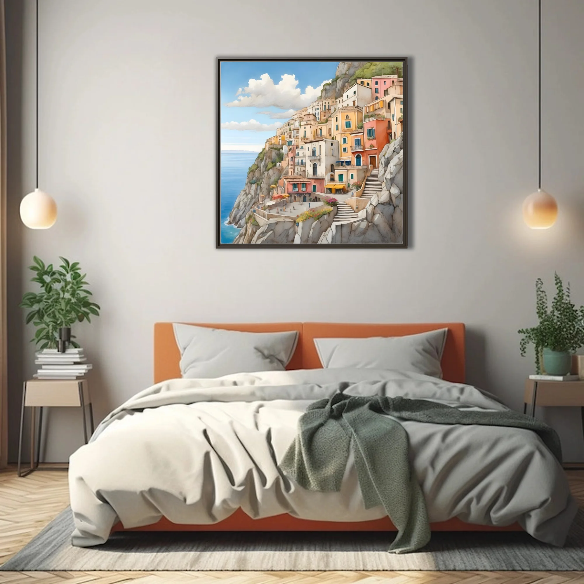 Watercolor-style Italian coastal cliff town, warm pastels and blue sea