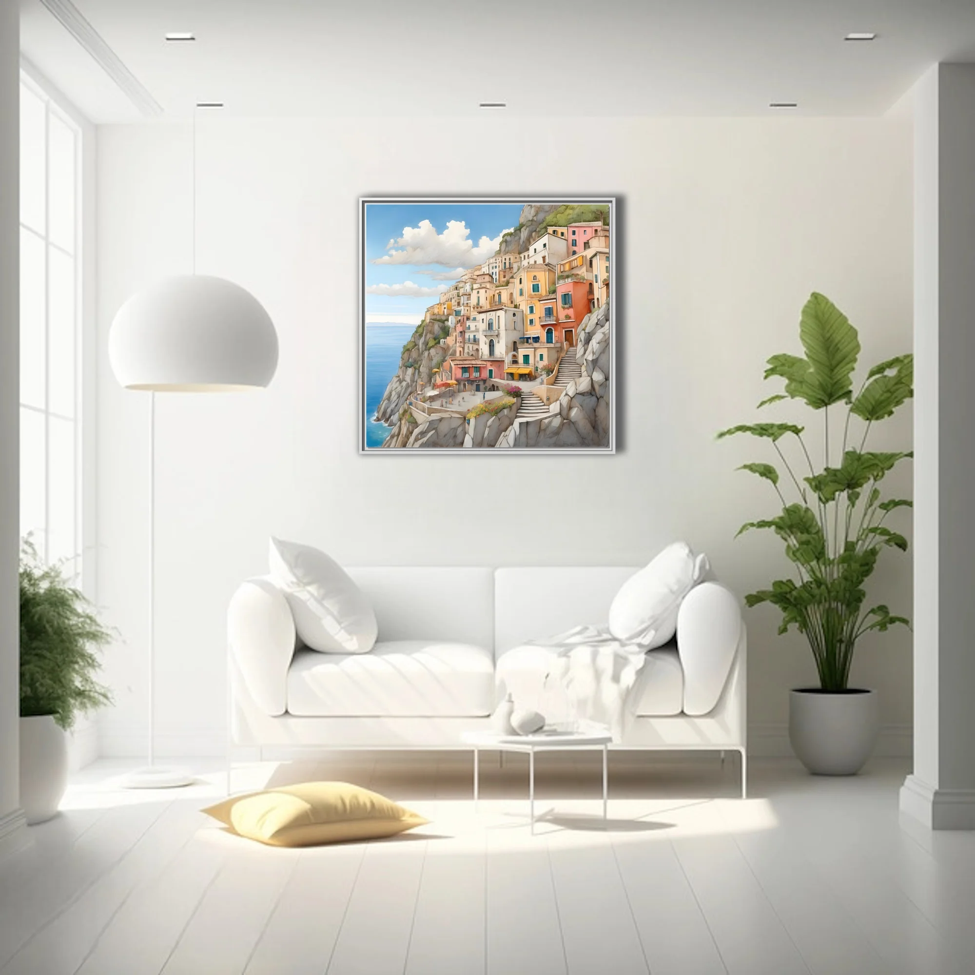 Watercolor-style Italian coastal cliff town, warm pastels and blue sea