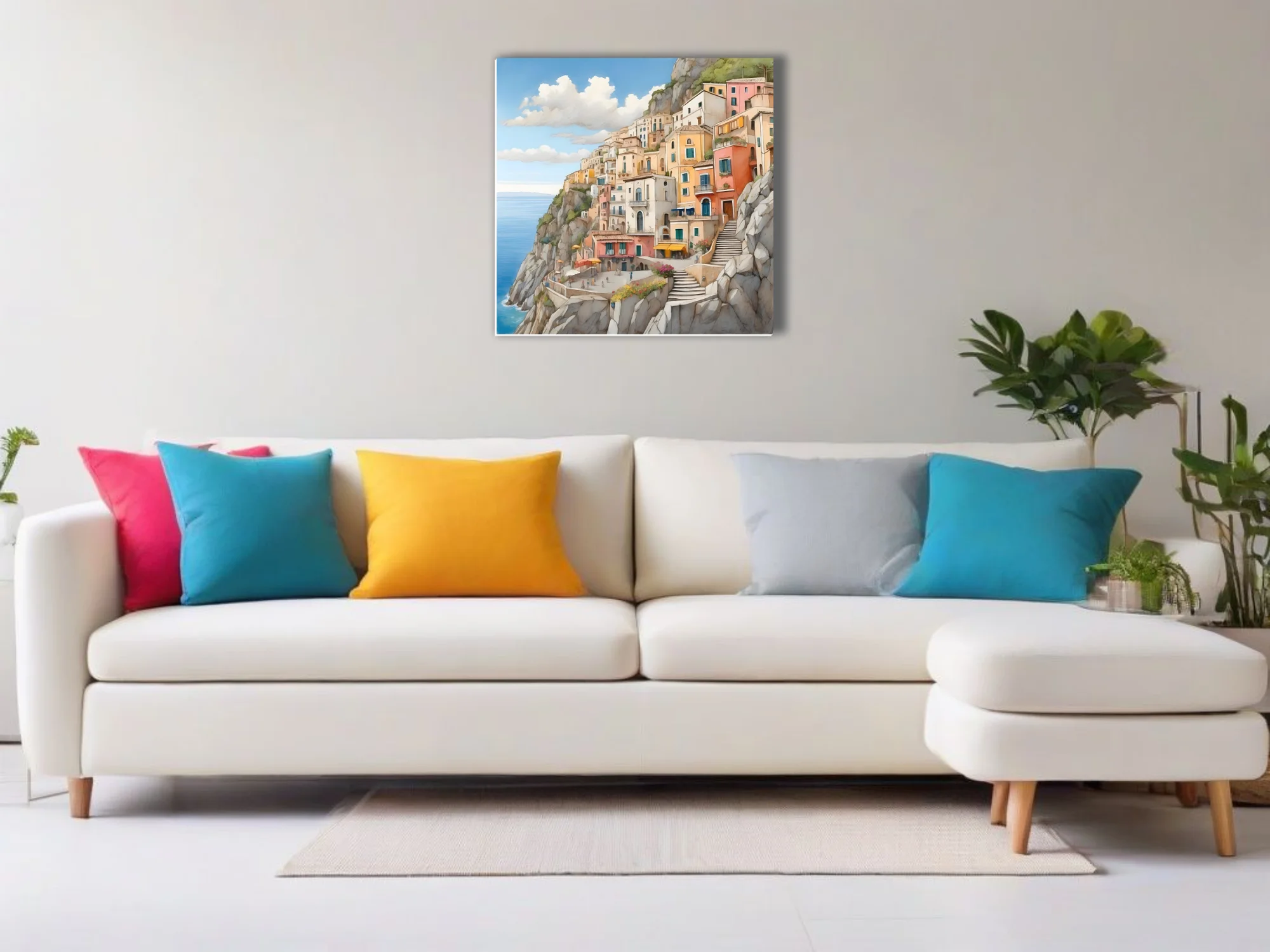 Watercolor-style Italian coastal cliff town, warm pastels and blue sea