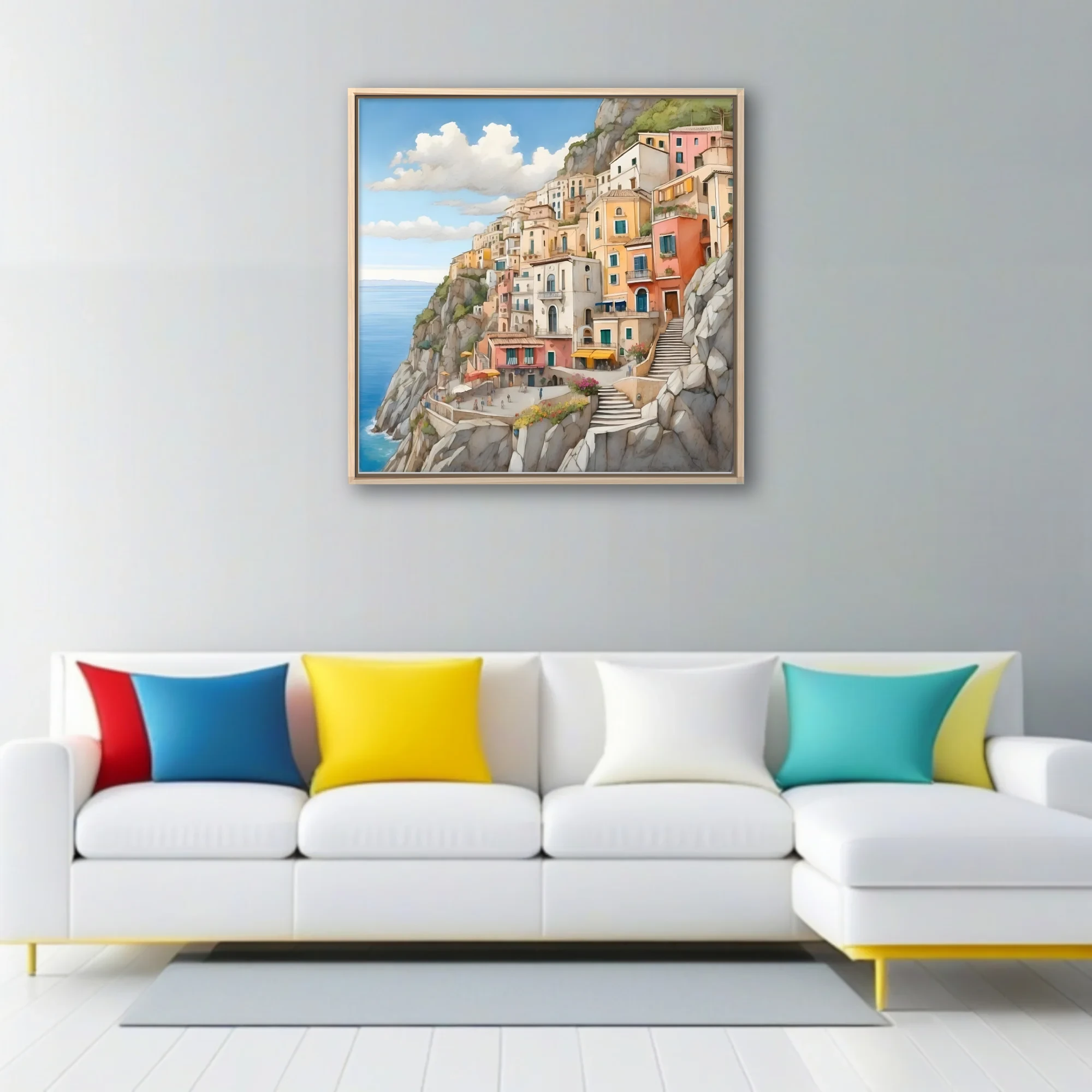 Watercolor-style Italian coastal cliff town, warm pastels and blue sea