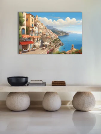 Painterly Mediterranean cliffside town with terracotta awnings, blue sea and boats below