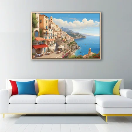 Painterly Mediterranean cliffside town with terracotta awnings, blue sea and boats below