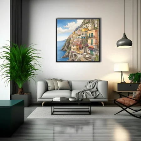 Watercolor-style Amalfi Coast cliffside village with pastel buildings and blue sea