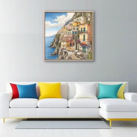 Watercolor-style Amalfi Coast cliffside village with pastel buildings and blue sea