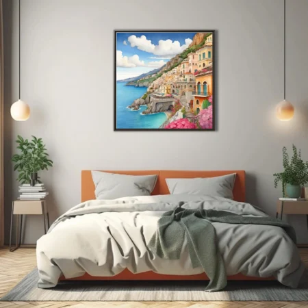 Watercolor-style Mediterranean cliffside town with pastel architecture and blue sea