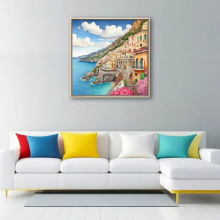 Watercolor-style Mediterranean cliffside town with pastel architecture and blue sea