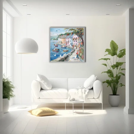 Folk-art seaside harbour print, pastel cottages, fishing boats, seagulls, cobbled quayside