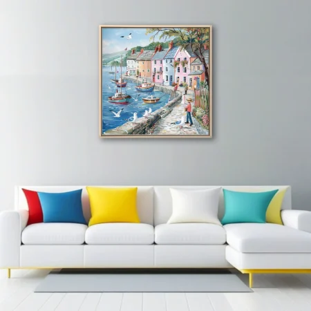 Folk-art seaside harbour print, pastel cottages, fishing boats, seagulls, cobbled quayside