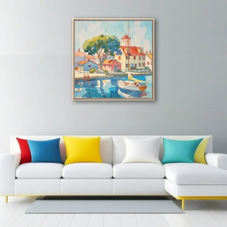 Watercolor-style Mediterranean harbour town, terracotta roofs, sailboat, blue reflections