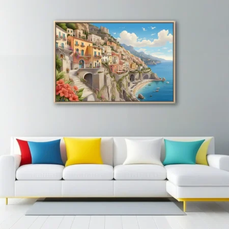 Colorful Mediterranean cliff-side village illustration, terracotta tones, turquoise sea