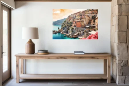 Mediterranean cliffside village in warm terracotta and turquoise, dreamy soft-focus coastal wall art