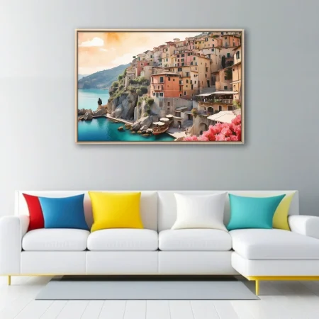 Mediterranean cliffside village in warm terracotta and turquoise, dreamy soft-focus coastal wall art