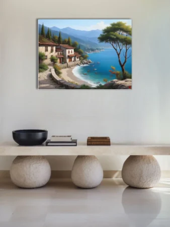 Mediterranean coastal village with terracotta rooftops, blue sea, and mountain backdrop