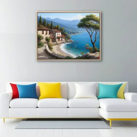 Mediterranean coastal village with terracotta rooftops, blue sea, and mountain backdrop