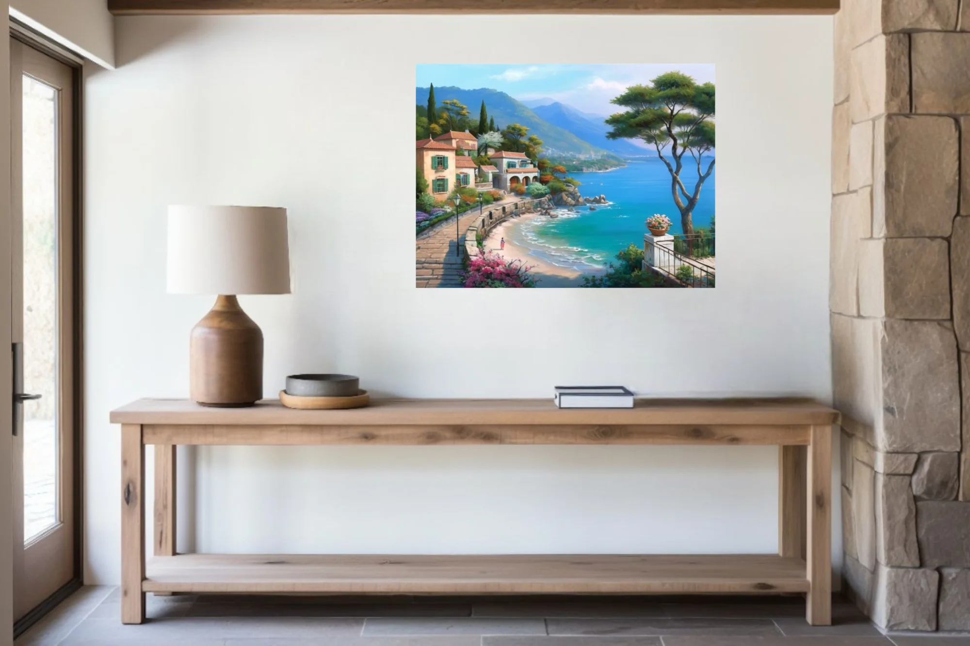 Mediterranean seaside village landscape, turquoise bay and terracotta rooftops, soft painterly style