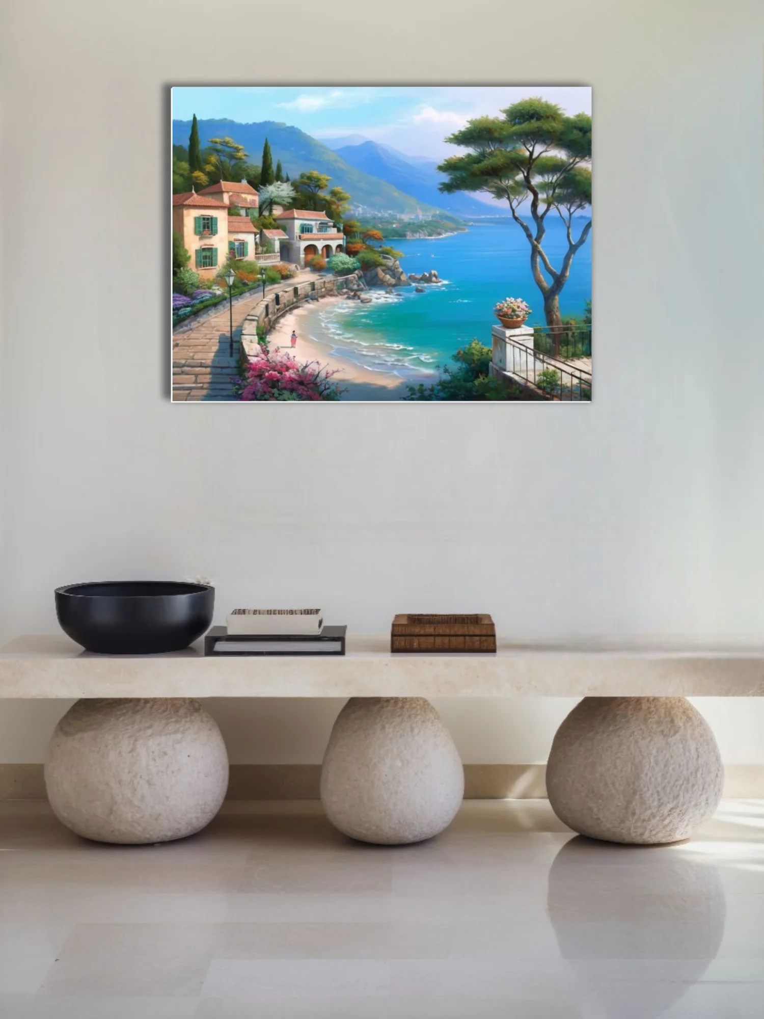 Mediterranean seaside village landscape, turquoise bay and terracotta rooftops, soft painterly style