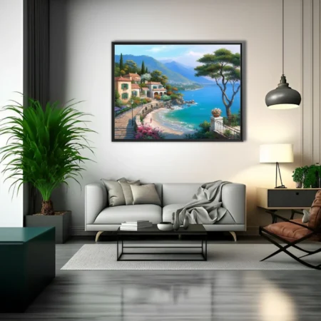 Mediterranean seaside village landscape, turquoise bay and terracotta rooftops, soft painterly style