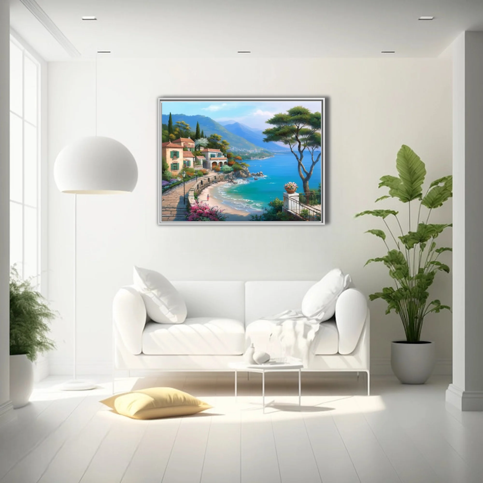 Mediterranean seaside village landscape, turquoise bay and terracotta rooftops, soft painterly style