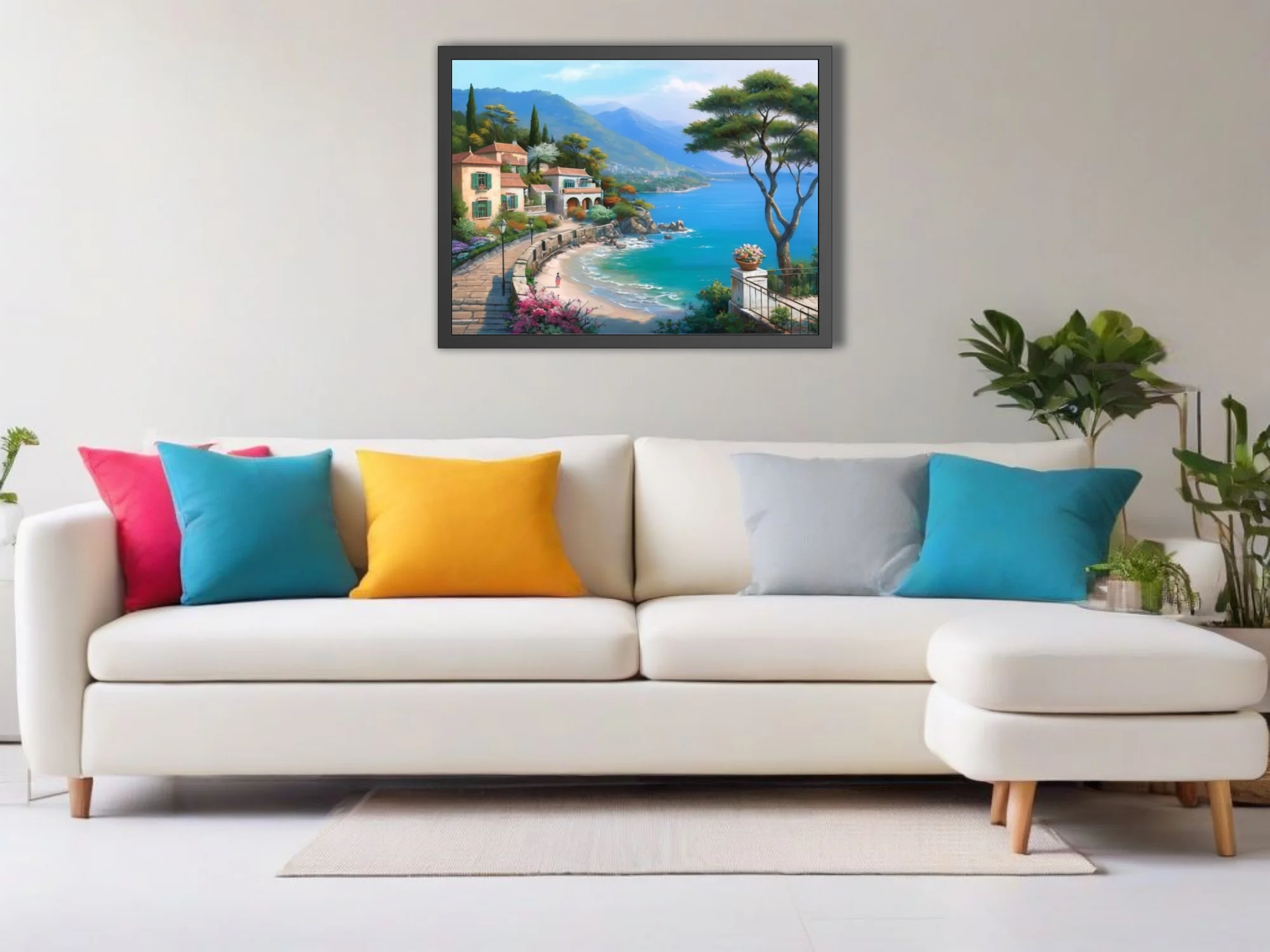 Mediterranean seaside village landscape, turquoise bay and terracotta rooftops, soft painterly style